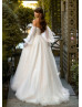 Strapless Beaded Ivory Lace Tulle Wedding Dress With Detachable Sleeves